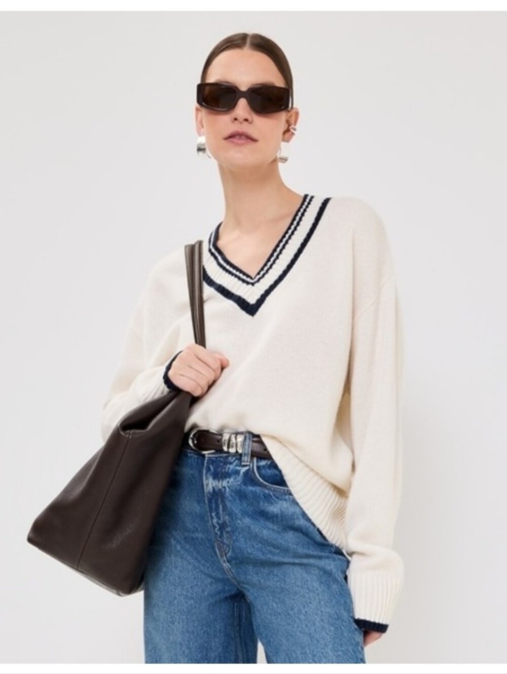 NWT Reformation  Jadey Cashmere  Cream V-Neck Sweater in Gossmar Navy Stripe
